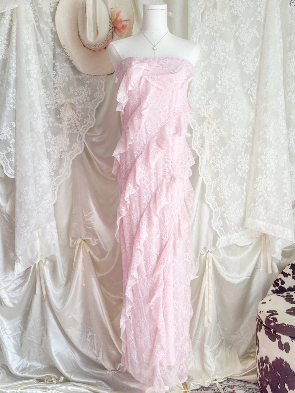 Baby Pink Strapless Ruffle Maxi Dress Romantic Coquette Gown